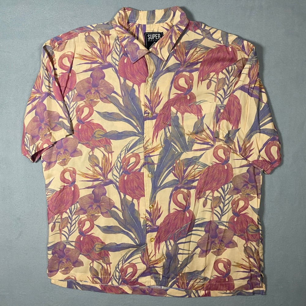 Super Massive Mens Large Flamingo Tropical Floral Rayon Button Up Shirt Tan Pink - Picture 2 of 7